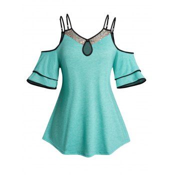 

Plus Size T Shirt Sequined Keyhole Contrast Color Cold Shoulder Layered Sleeve Casual Tee, Light green