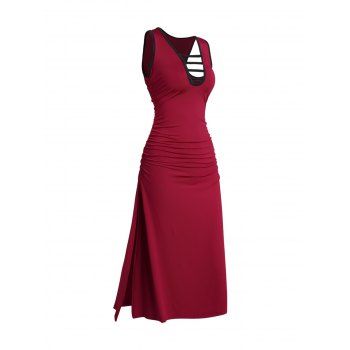 

Contrast Color Dress Ladder Cut Out High Slit Sleeveless Midi Tank Dress, Deep red