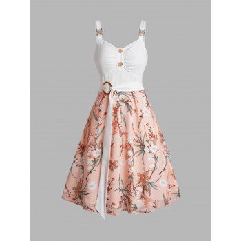 

Colorblock Flower Print Dress Self Belted Mock Button Empire Waist A Line Mini Dress, Light pink