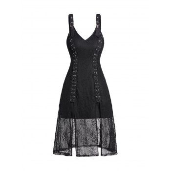 

Lace Up Eyelet High Slit Party Dress Lace Overlay V Neck Buckle Strap Midi Dress, Black