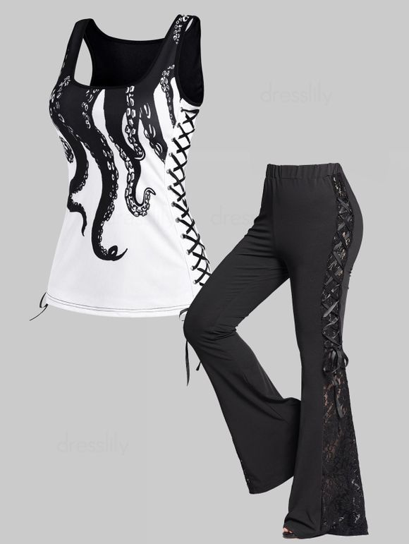 Lace Up Octopus Print Scoop Neck Tank Top And Sheer Lace Panel Long Flare Pants Outfit - multicolor S