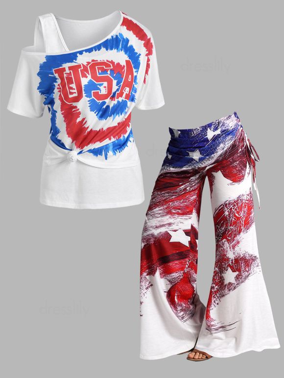 USA Graphic Tie Dye Skew Neck T Shirt with Tank Top And American Flag Print Cinched Foldover Wide Leg Pants Outfit - multicolor S