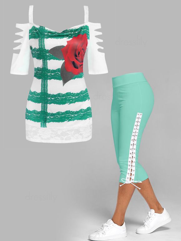 Ensemble de T-shirt Déchiré à Imprimé Fleur en Dentelle Insérée à Epaule Dénudée et de Legging Capri à Lacets - multicolor S