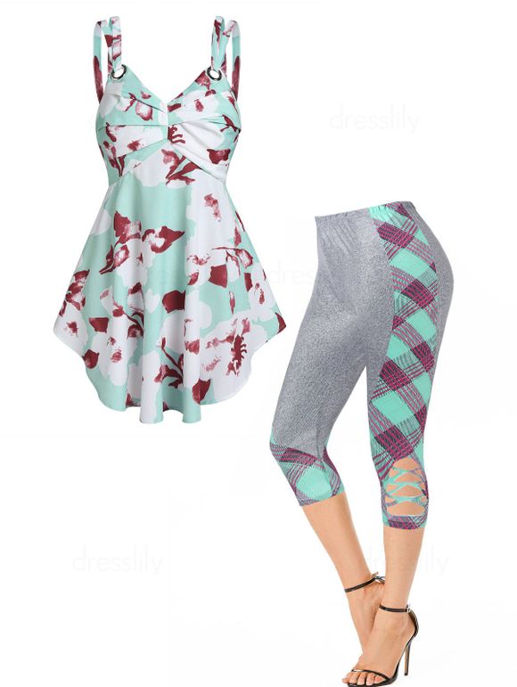 Ensemble Eté de Débardeur à Double Bretelles à Imprimé Fleur et Legging Capri en Blocs de Couleurs Taille Elastique - multicolor S