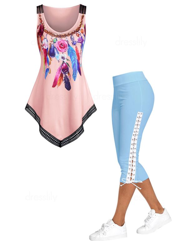Ensemble de Legging Capri à Lacets et Débardeur Asymétrique à Imprimé Plume à Ourlet Dentelle - multicolor S