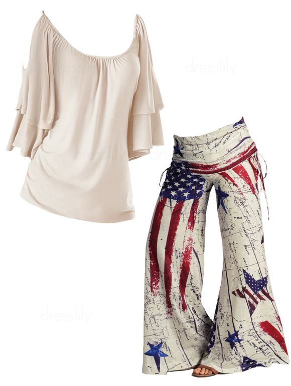 Ensemble Patriotique de T-shirt Décontracté Superposé Long Plissé à Demi-Manches à Col Dégagé et Pantalon à Jambe Large - multicolor S