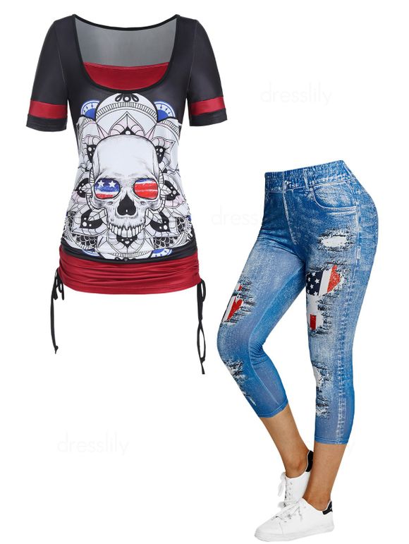 Ensemble Patriotique de Legging Capri à Imprimé Drapeau Américain 3D et T-shirt en Blocs de Couleurs Crâne Plissé - multicolor S