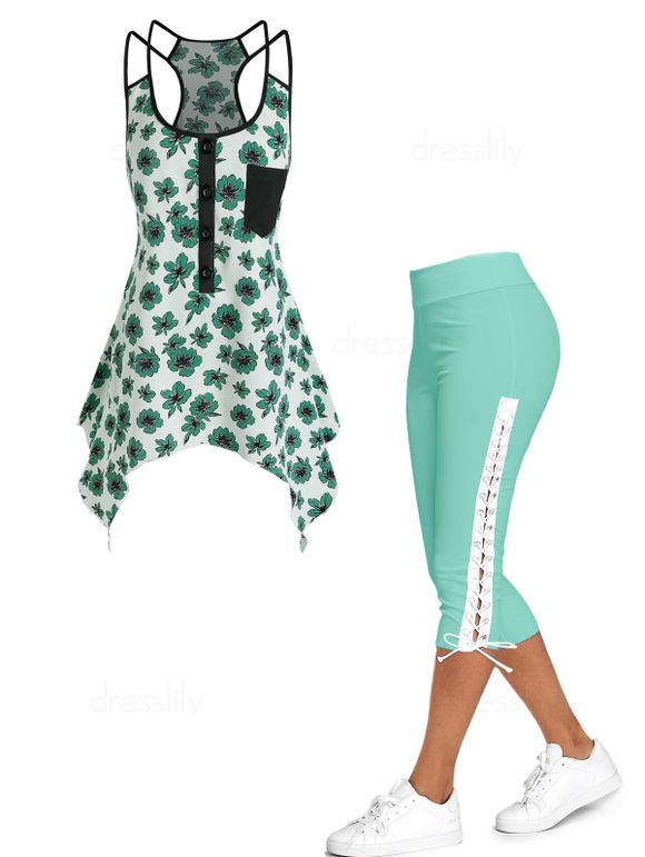 Ensemble de Débardeur Mouchoir Boutonné à Imprimé Fleuri et Legging Capri à Lacets - multicolor S