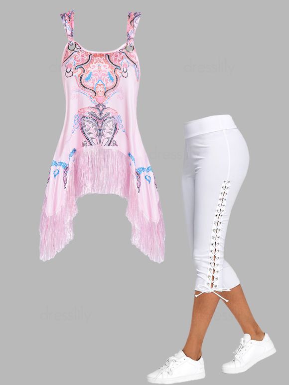 Ensemble de Legging Moulant Court à Lacets et Débardeur Asymétrique Long à Imprimé Fleuri Cachemire à Frange - multicolor 