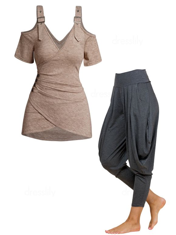 Ensemble de T-shirt Décontracté Croisé Faux Bouton à Bretelle à Epaule Dénudée à Volants et de Pantalon Lanterne - multicolor S