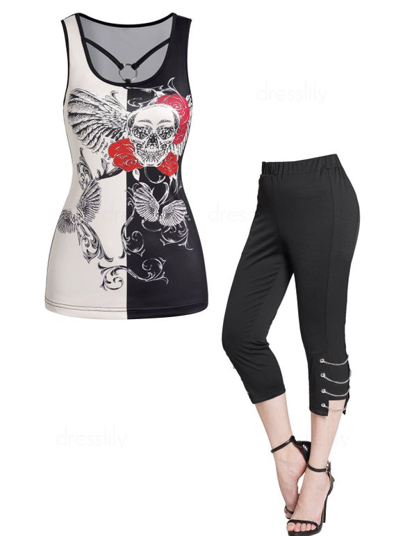 Flower Skull Wing Print Colorblock O Ring Tank Top And Chain Lace Up Eyelet Capri Pants Gothic Outfit - multicolor S