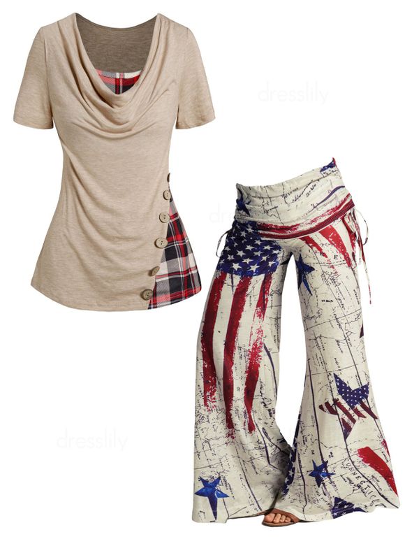 Ensemble de T-shirt Drapé Chiné Panneau à Carreaux à Manches Courtes à Col Bénitier et Pantalon Evasé à Jambe Large à Imprimé Etoile - multicolor S