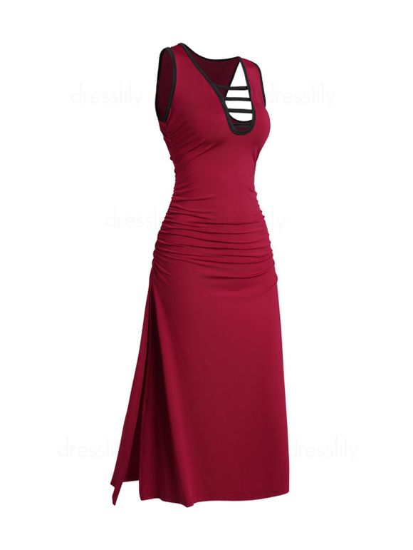 Robe Mi-Longue Découpée sans Manches à Fente Élevée en Couleur Contrastée - Rouge foncé XXL