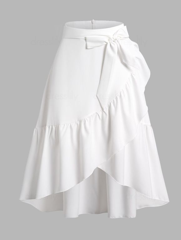 Layered Overlay Skirt Plain Color Self Belted Zipper Fly Asymmetrical Hem Midi Skirt - WHITE XXL