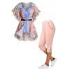 Ensemble de Deux Tops Ceinture à Manches Bouffantes en Mousseline Transparente et Legging Capri Applique à Imprimé Fleur en Dentelle - multicolor S