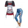Ensemble Patriotique de Legging Capri à Imprimé Drapeau Américain 3D et T-shirt en Blocs de Couleurs Crâne Plissé - multicolor S