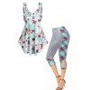 Ensemble Eté de Débardeur à Double Bretelles à Imprimé Fleur et Legging Capri en Blocs de Couleurs Taille Elastique - multicolor S