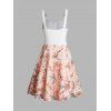 Colorblock Flower Print Dress Self Belted Mock Button Empire Waist A Line Mini Dress - LIGHT PINK M