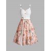 Colorblock Flower Print Dress Self Belted Mock Button Empire Waist A Line Mini Dress - LIGHT PINK M