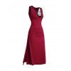 Robe Mi-Longue Découpée sans Manches à Fente Élevée en Couleur Contrastée - Rouge foncé XXL