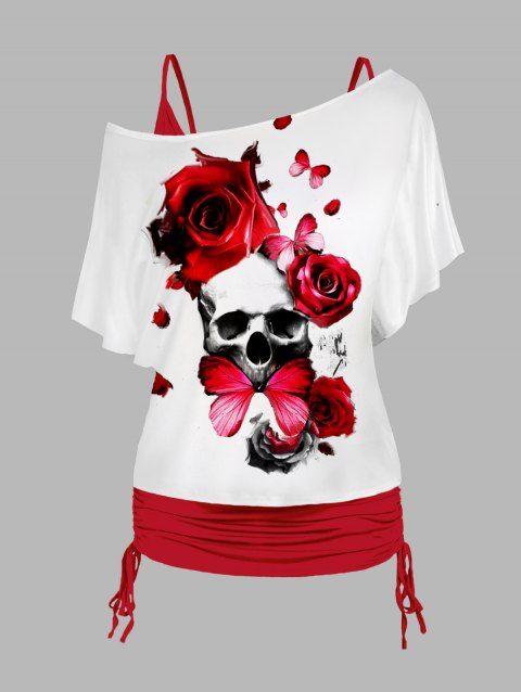 Plus Size Colorblock Top Rose Butterfly Skull Print Skew Neck T Shirt And Plain Cinched Ruched Long Tank Top Set