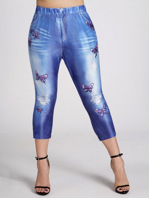 Legging Capri Court à Imprimé 3D Papillon à Taille Elastique de Grande Taille en Faux Denim