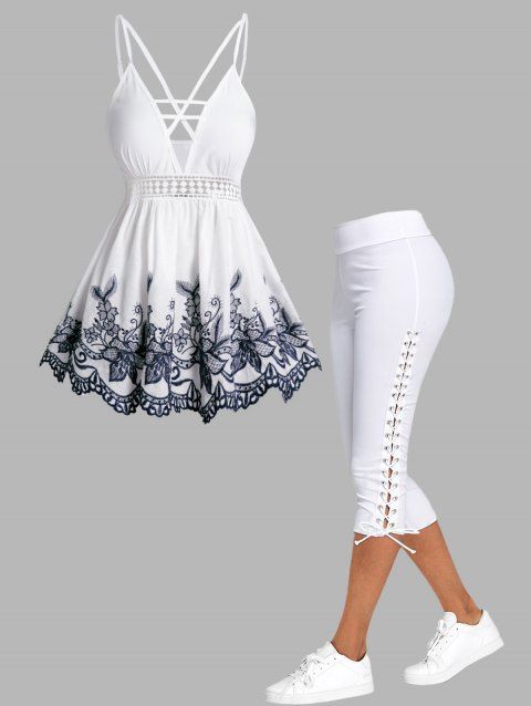 Floral Embroidery Lace Guipure Panel Tank Top And Lace Up Skinny Crop Leggings Casual Outfit
