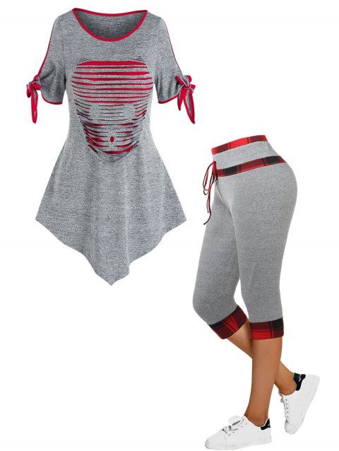 Ripped Tie Knot Heathered T-shirt and Plaid Skinny Capri Pants Casual Outfit