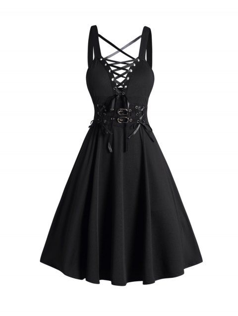 Gothic Dress Lace Up Buckle Strap Crisscross Plunging Neck High Waisted A Line Mini Dress