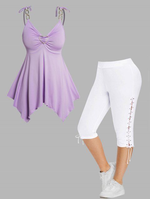 Plus Size Pastel Color Heart-ring Tied Shoulder Asymmetrical Tank Top And Lace Up Eyelet Capri Leggings Casual Outfit