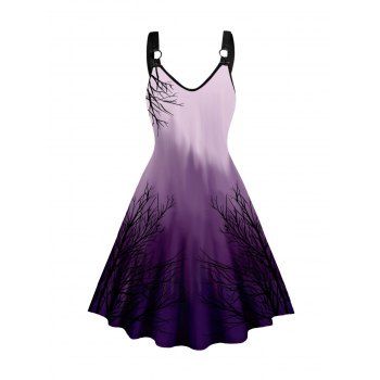 

Plus Size Dress Ombre Tree Branches Print O-ring Strap V Neck A Line Midi Dress, Concord