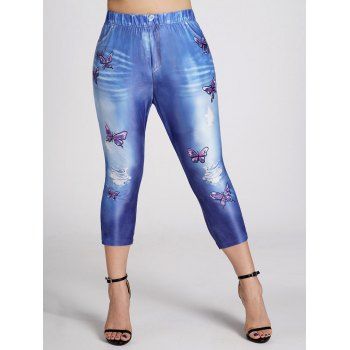 

Plus Size Cropped Jeggings 3D Faux Denim Butterfly Print Elastic Waist Capri Leggings, Blue