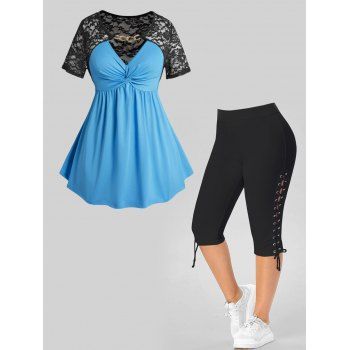 

Plus Size Lace Panel Chain Embellishment Twisted V Notched T Shirt and Lace Up Cropped Leggings Casual Outfit, Blue