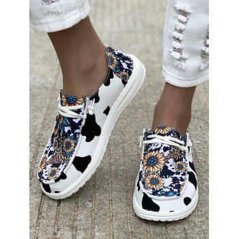 

Sunflower Cow Print Lace Up Slip On Casual Sport Shoes, White