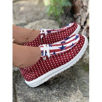 

Star And Stripe Polka Dots Print Lace Up Slip On Sport Patriotic Shoes, Red