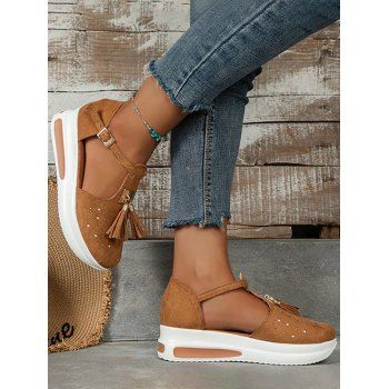 

Tassel Buckle Strap Platform Sandals, Brown