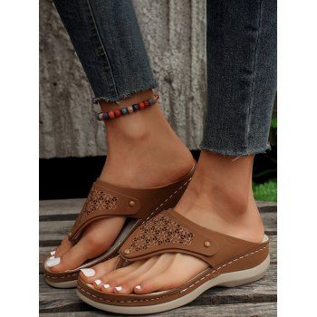 

Hollow Out Flower Slip On Flip Flops Slippers, Brown