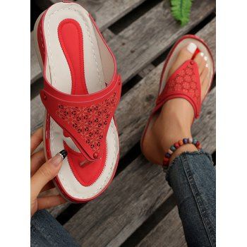 

Hollow Out Flower Slip On Flip Flops Slippers, Red