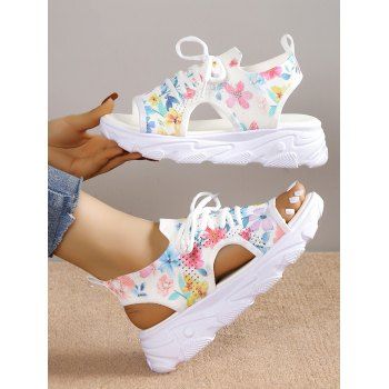 

Floral Print Lace Up Slip On Platform Sandals, White