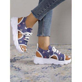 

Butterfly Print Cut Out Lace Up Slip On Platform Sandals, Purple