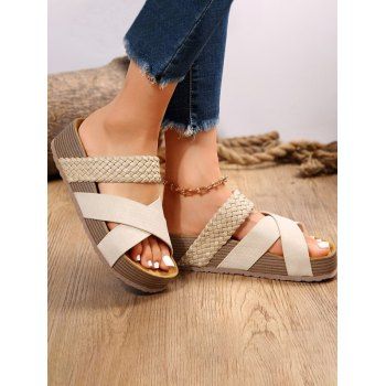 

Crossover Front Open Toe Slip On Platform Slippers, Beige