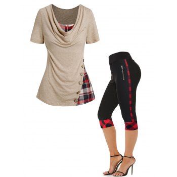 

Heather Plaid Print Panel Draped Mock Button T Shirt And Plaid Panel Zipper Detail Capri Leggings Casual Outfit, Multicolor