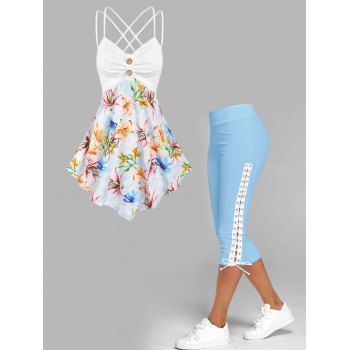 

Cross Back Flower Print Strappy Cami Tank Top And Lace Up Capri Leggings Outfit, Multicolor