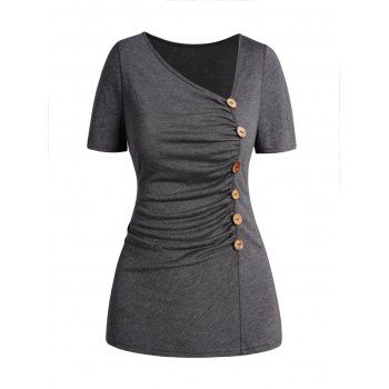 

Heather T Shirt Mock Button Ruched V Neck Short Sleeve Casual Tee, Gray