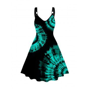 

Plus Size Dress Tie Dye Swirl Print V Neck O-ring Strap A Line Midi Dress, Green