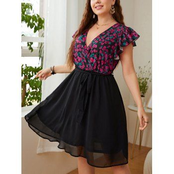 

Plus Size Floral Print Belt Chiffon Ruffles Surplice Dress Flutter Sleeve Casual Dress, Black