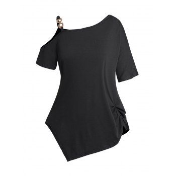 

Plus Size Skew Neck T Shirt Plain Color Metal Embellishment Ruched Asymmetrical Hem Tee, Black