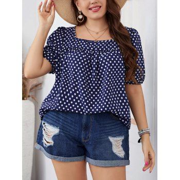 

Plus Size Polka Dots Print Square Neck Top Short Sleeve Casual Blouse, Deep blue