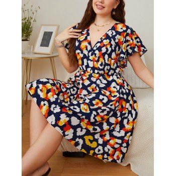 

Plus Size Dress Allover Colored Leopard Print Flutter Sleeve Surplice A Line Midi Dress, Multicolor a