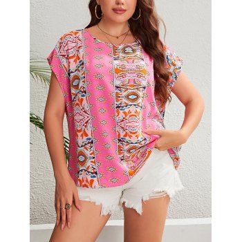 

Plus Size Ethnic Allover Print Dolman Sleeves Top Crew Neck Casual Blouse, Light pink